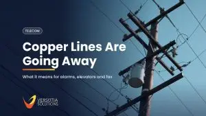 Wooden telephone pole with crossarms and overhead wires against a blue sky, with the headline Copper Lines Are Going Away